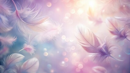 Soft pastel feathers scattered on a gentle abstract background with shades of pale pink and lavender hues, creating a dreamy atmosphere , delicate, whimsical