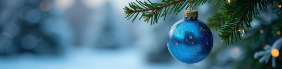 A blue Christmas ball suspended from a spruce branch, winter, ornament, ornaments