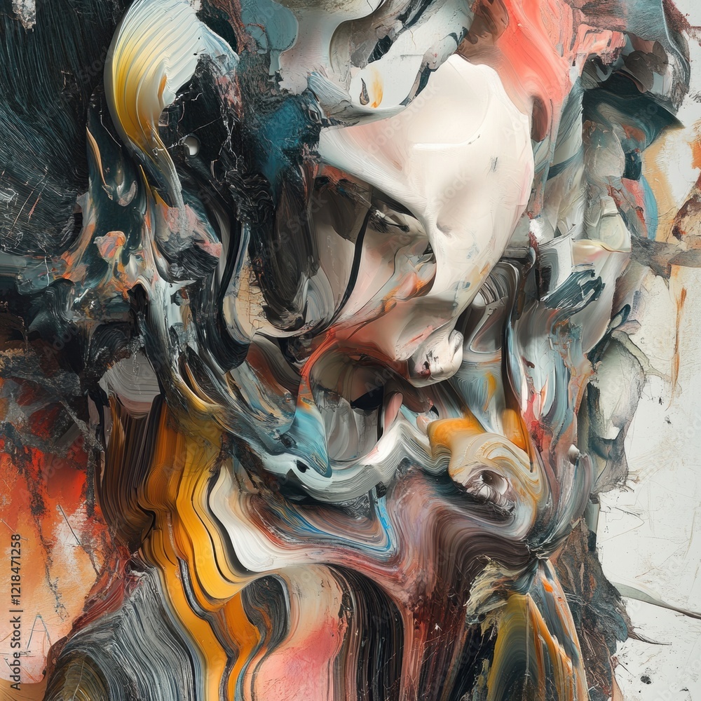 Poster Artistic expression of emotion through abstract form and vibrant colors in contemporary art installation. Generative AI
