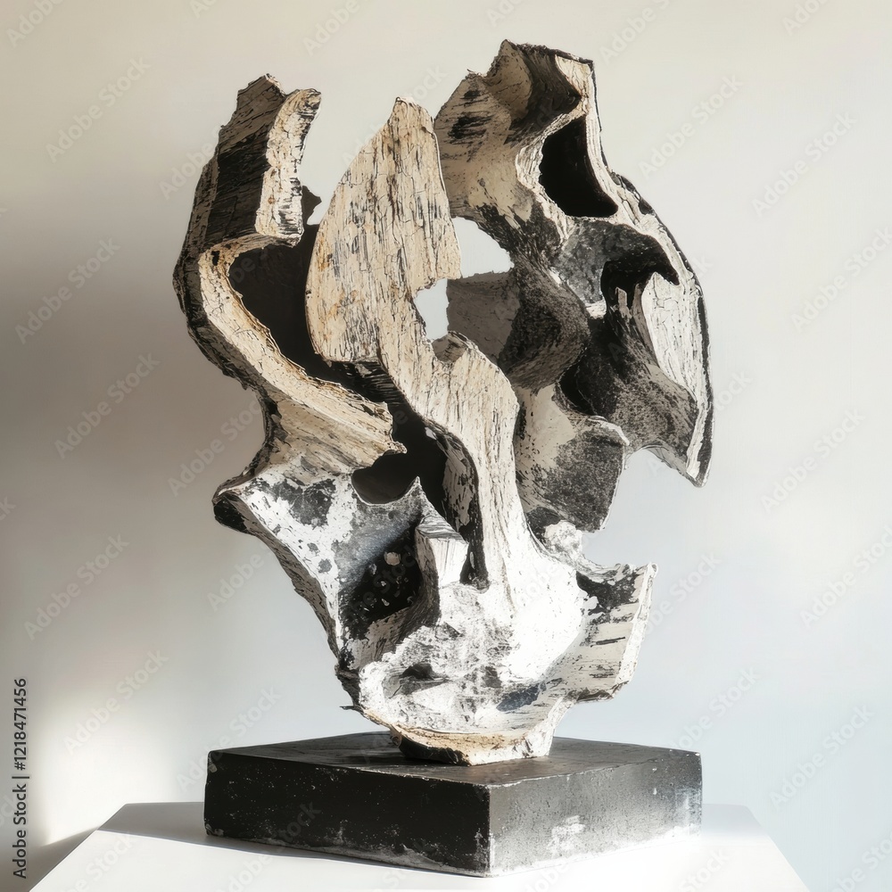 Poster unique abstract sculpture with intricate shapes and textures displayed against a neutral background 