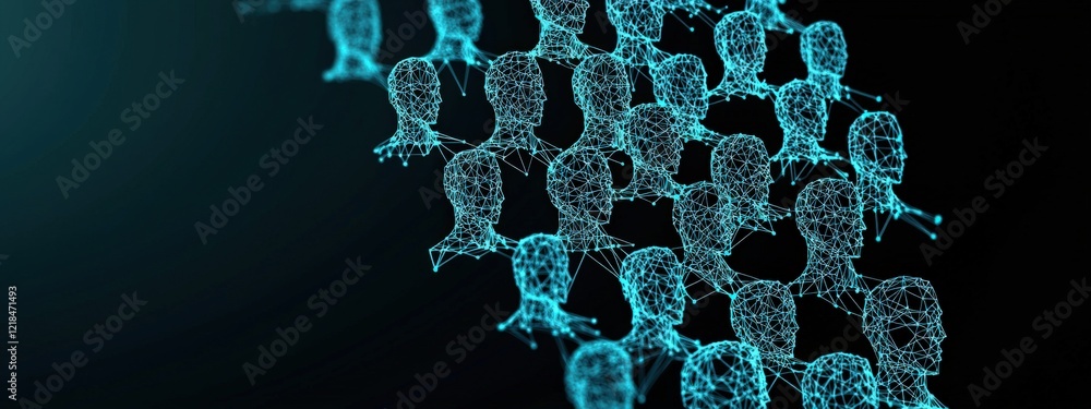 Poster abstract representation of human connections in digital space using neon blue lines and mesh pattern
