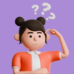 Portrait of Asian woman in red casual clothes scratching her head with a confused expression. 3D illustration, isolated on purple background.