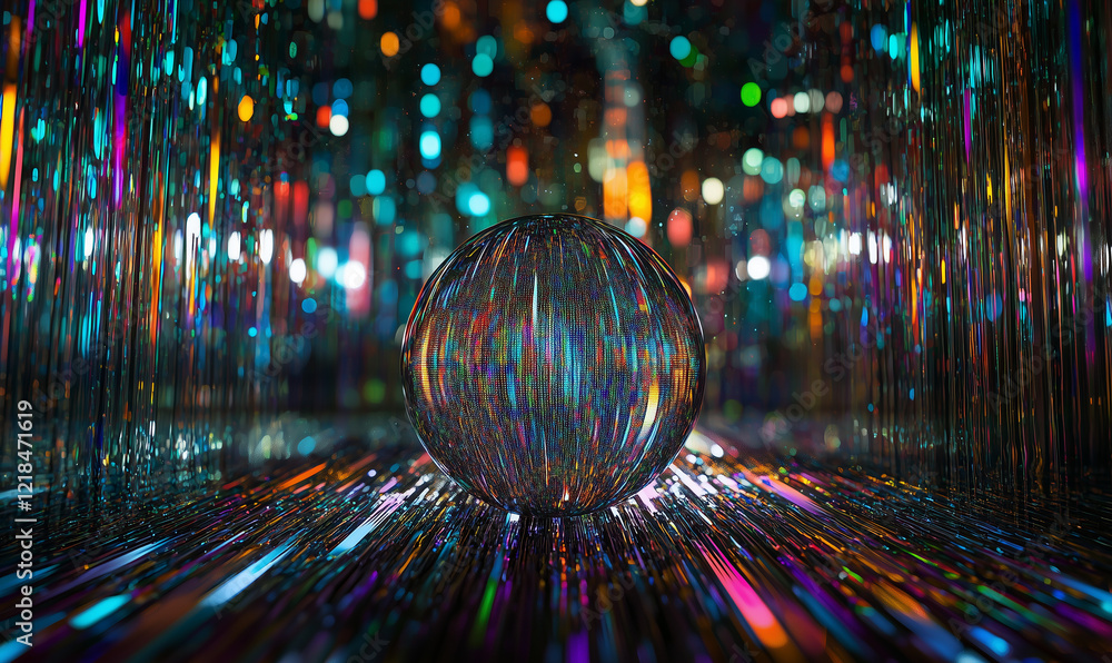 Aufkleber colorful reflections surround a central sphere, creating a mesmerizing light display.