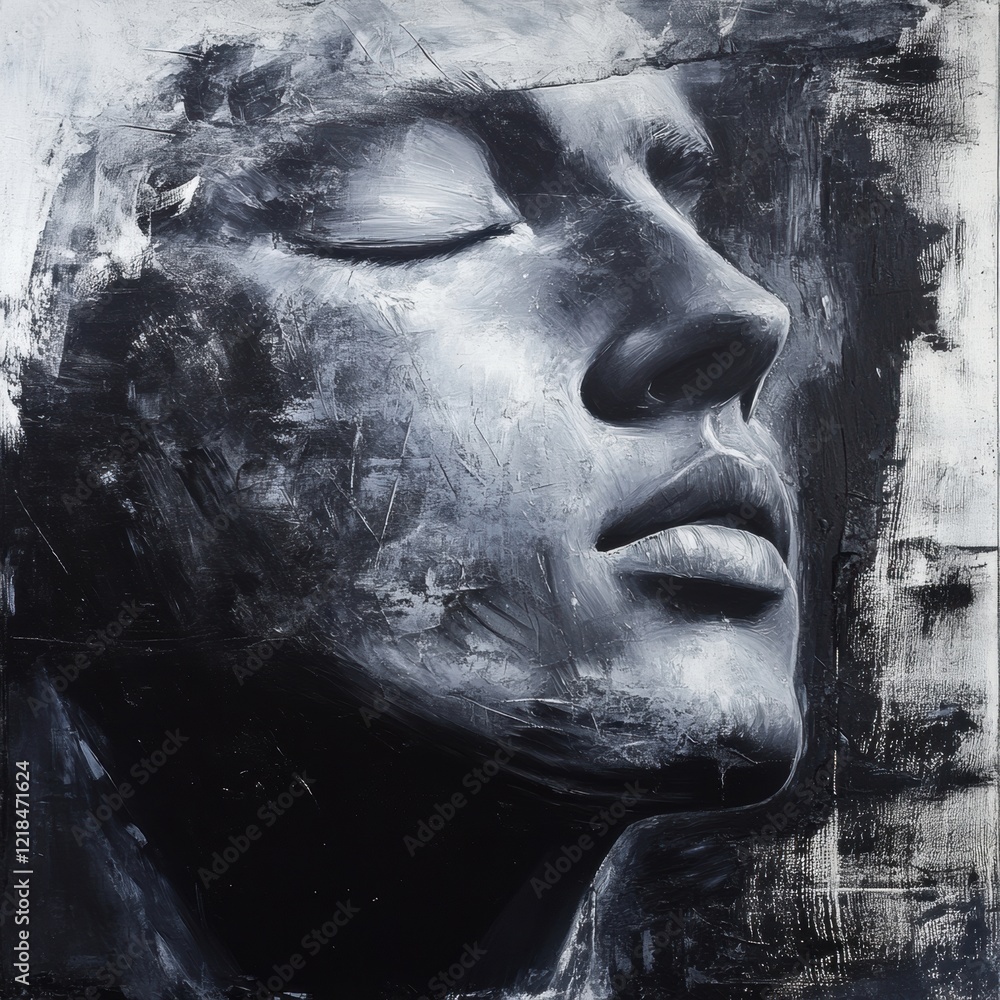 Poster artistic portrayal of a serene face in monochrome style capturing emotions and depth. generative ai