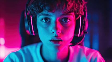 Fototapeta premium Focused Teen Gamer in Neon Light Portrait