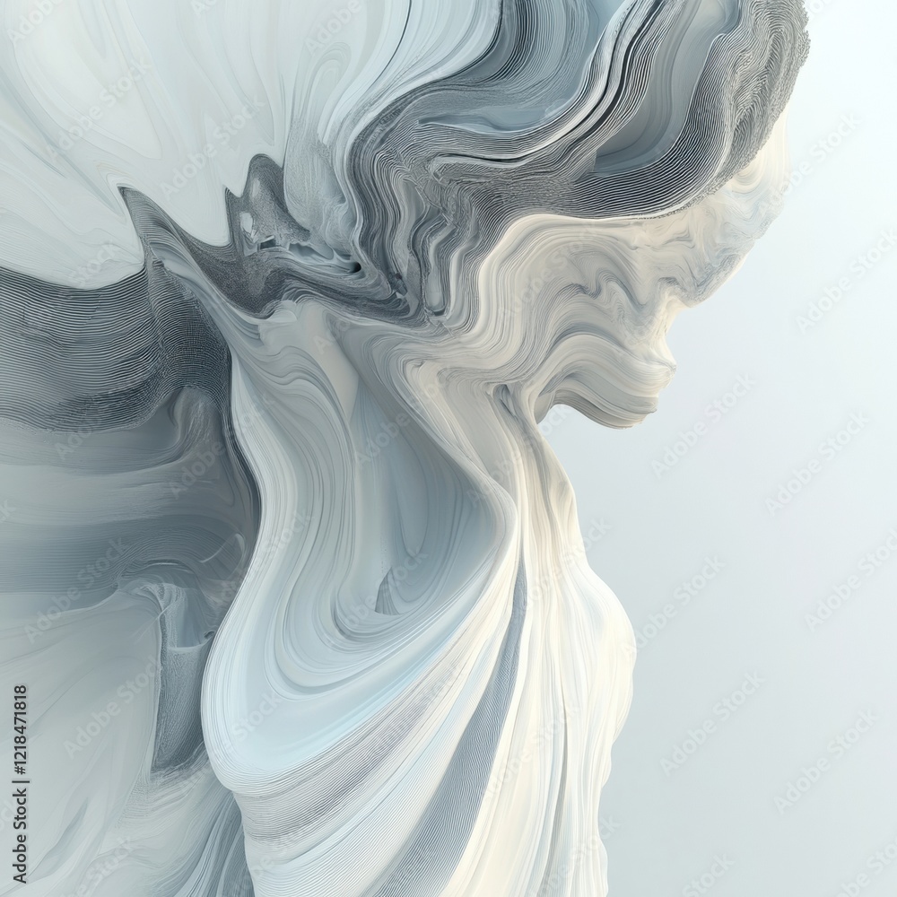 Poster abstract sculpture representing human emotion through flowing lines and soft colors in a modern arti