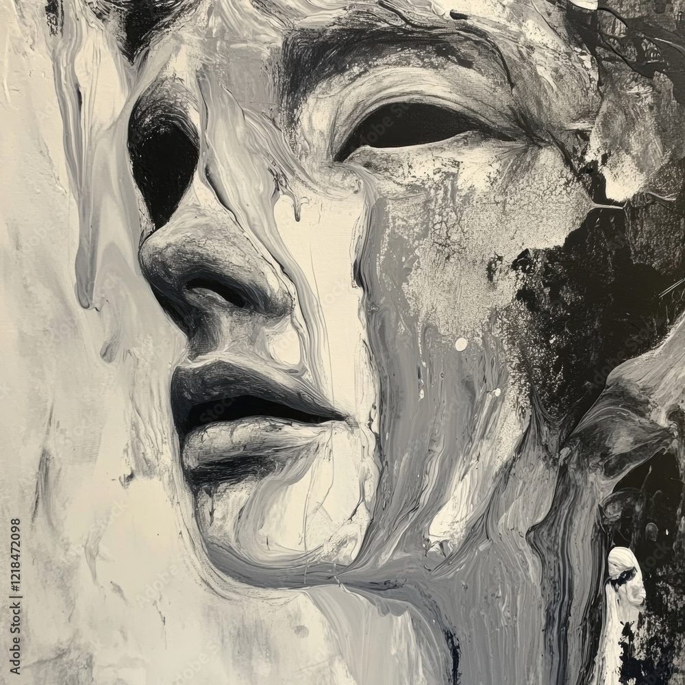 Poster artistic expression through mixed media featuring a grey and white portrait on canvas displaying emo