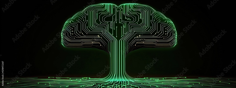 Poster Futuristic Tree Design with Circuit Patterns and Neon Green Glow Representing Technology and Nature Interconnection