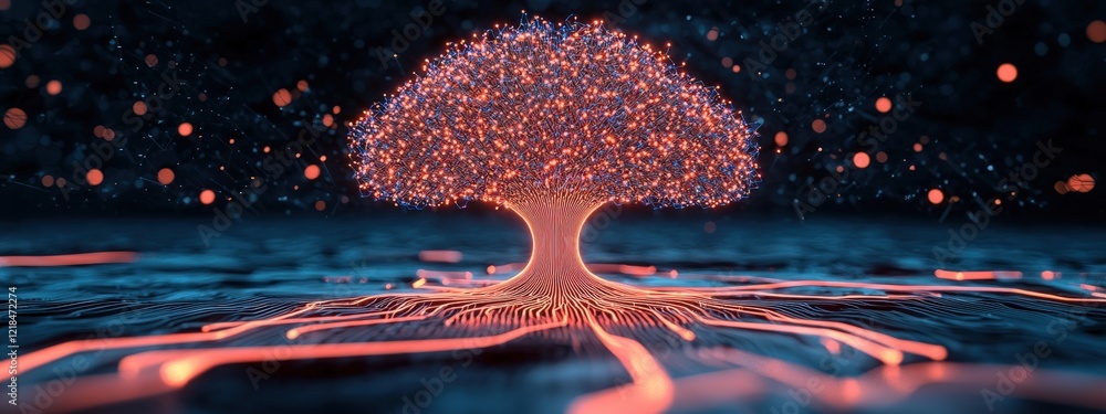 Poster abstract digital tree glowing with bright lights and intricate root systems representing technology 