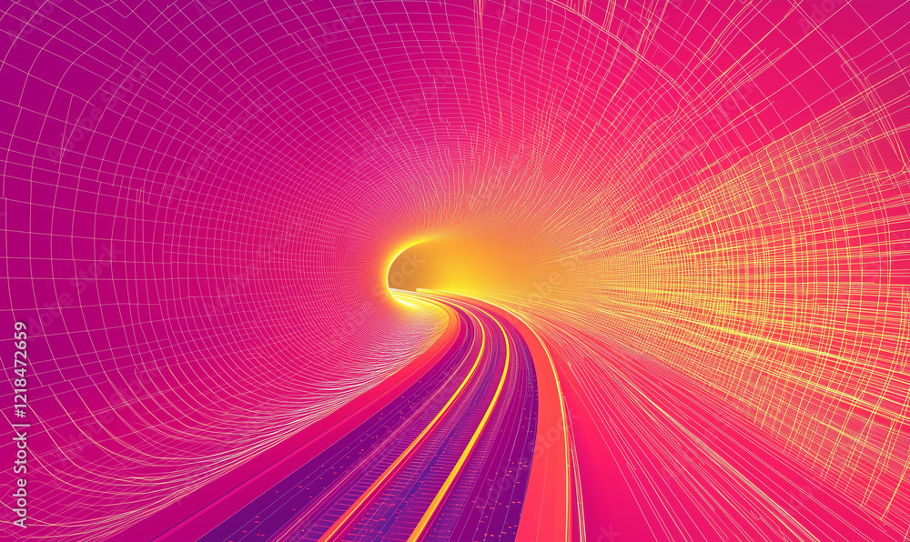 Poster abstract colorful tunnel with a glowing light at the end, suggesting movement and depth.