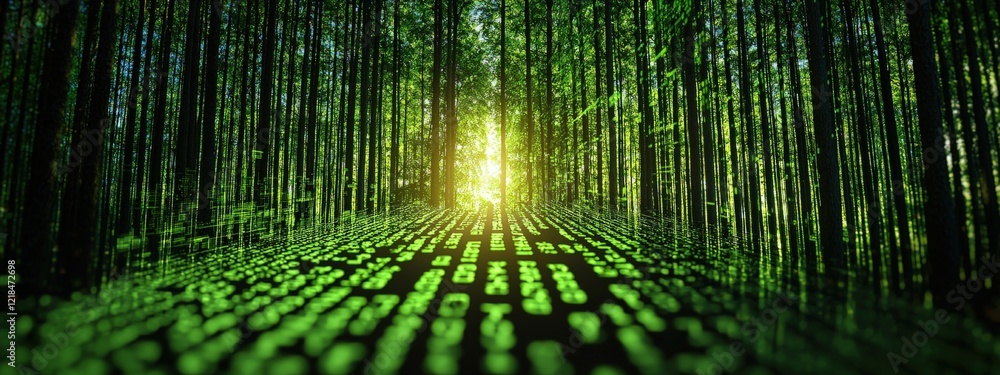 Poster digital nature concept with green forest, light, and binary code representing technology and environ