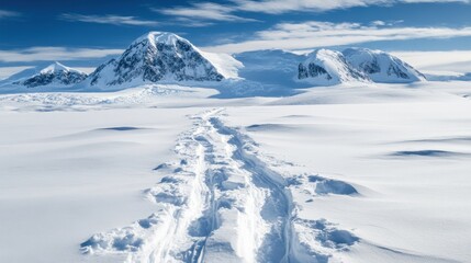 Frozen Trail Through Antarctica:  A lone path winds its way through a pristine, snow-covered landscape of towering glaciers and icy peaks under a bright, clear sky.
