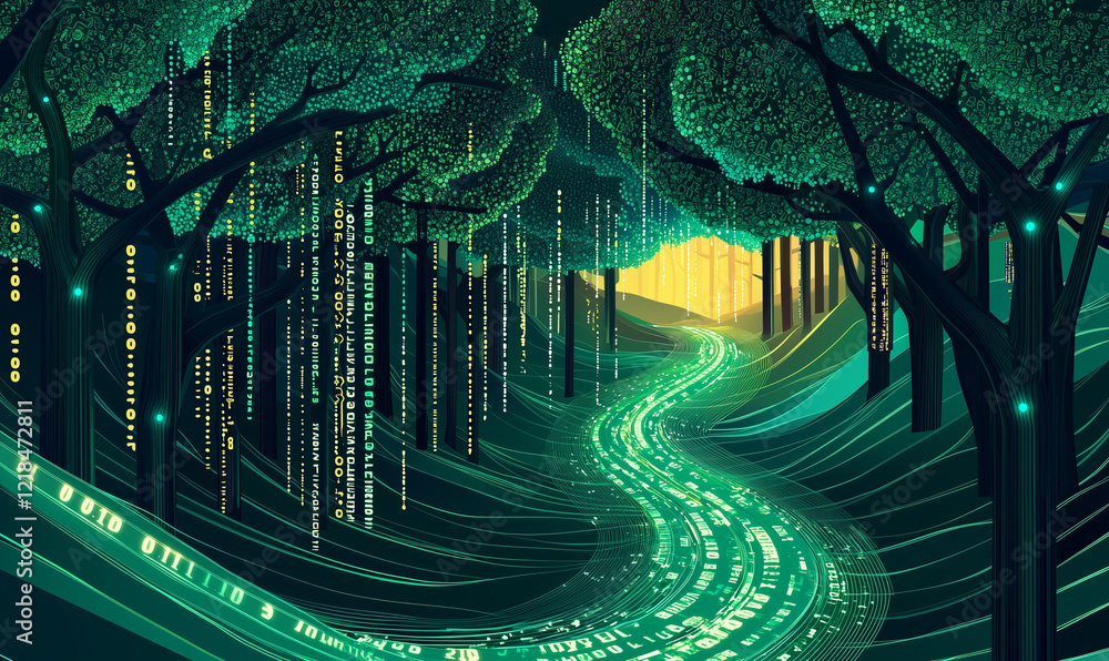 Poster a vibrant, digital forest illuminated by glowing streams and trees, creating a mystical atmosphere.