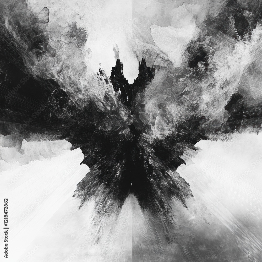 Poster dynamic abstract art featuring contrasting shades of black and white with explosive, textured patter