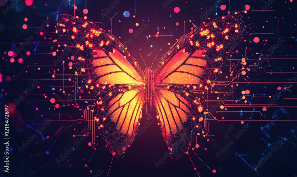 Poster vibrant digital butterfly design with glowing patterns and a dark background.