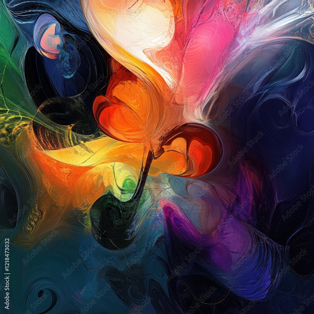 Poster vivid abstract art piece showcasing vibrant colors and fluid shapes in a dynamic composition. genera