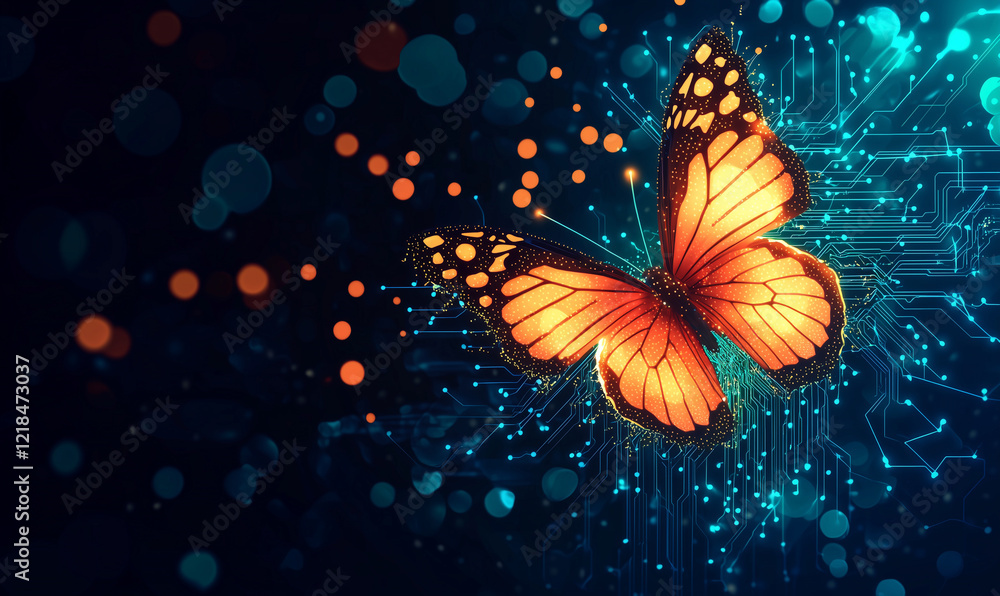Poster vibrant orange butterfly against a dark digital background with abstract patterns and glowing elemen