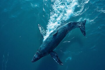 Naklejka premium A magnificent humpback whale is gracefully swimming through the vast and deep ocean waters, showcasing its beauty and elegance