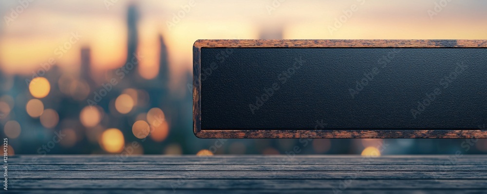 Aufkleber a close-up view of a rustic wooden table with a blurred city skyline in the background, creating a w