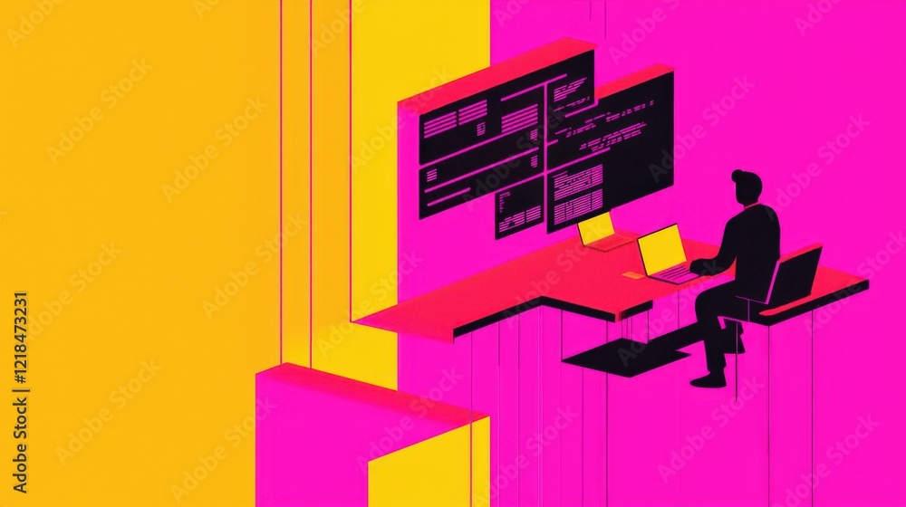 Poster a creative workspace illustration with vibrant colors featuring a person working on computer in a mo
