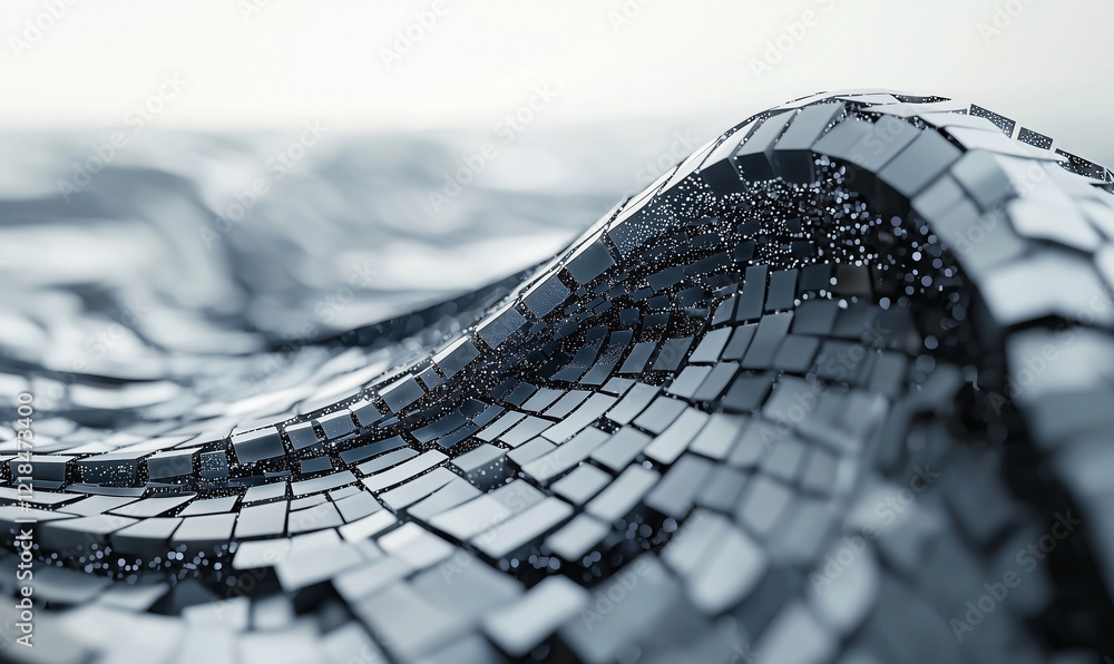 Poster a textured wave-like structure composed of reflective tiles and soft lighting.