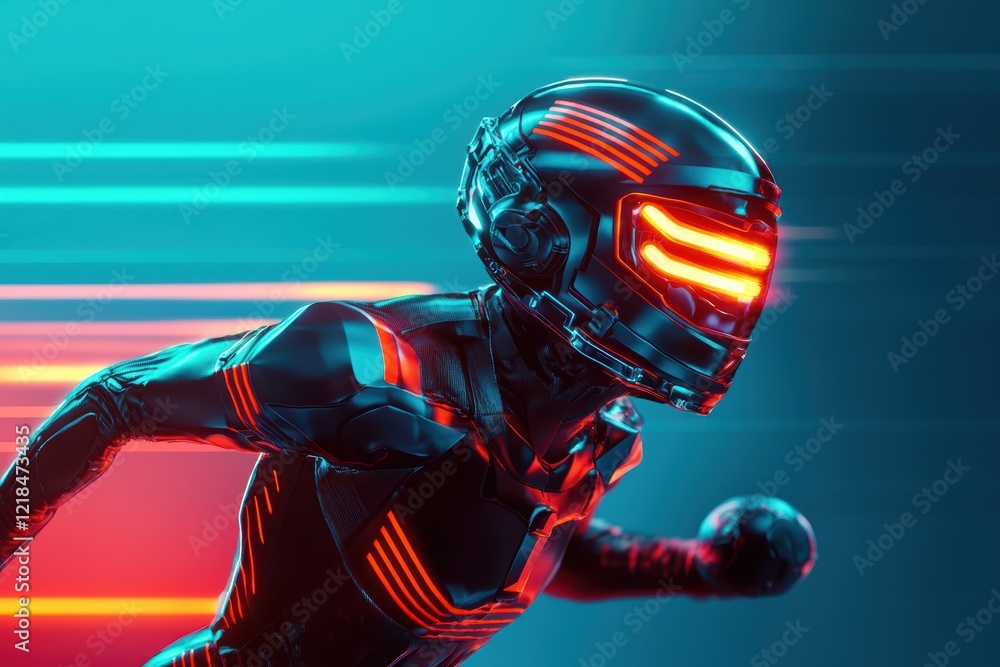 Poster futuristic robot running at high speed through neon lights