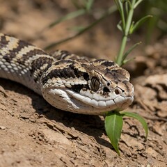 Fototapeta premium Malcolm Pit Viper Coiled in Habitat, Surrounded by Frogs and Birds