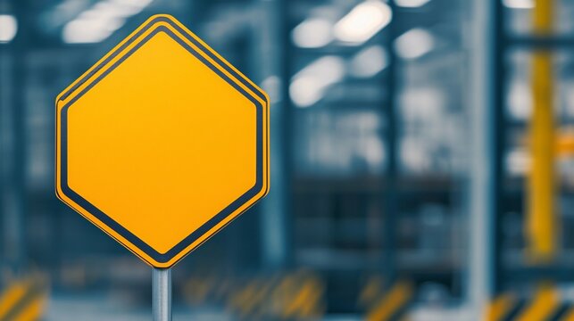 A blank yellow hexagonal sign stands in a warehouse, surrounded by blurred industrial elements, suggesting a cautionary or informational purpose.