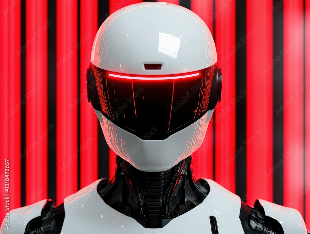 Poster futuristic robot with illuminated visor against red background