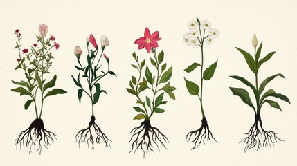 Botanical Illustration: Five Exquisite Flower Species with Roots