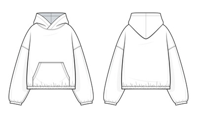 Hooded Loungewear jacket Technical Fashion Illustration. Oversized-Fit Hoodie with Kangaroo Pocket and Garterized Cuffs and Hem vector template. Casual street wear. White. CAD Mockup Set. © aivenstudio