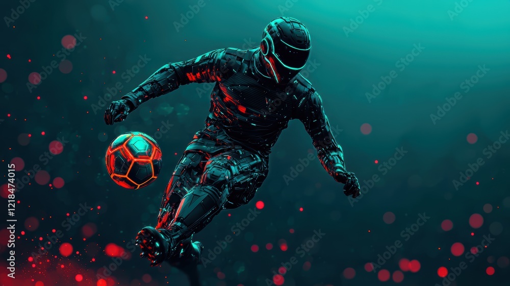 Poster futuristic soccer player in dynamic pose with neon glow effects