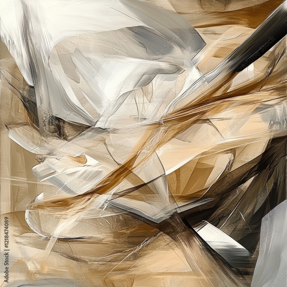 Poster abstract composition in neutral tones with dynamic shapes and textures creating a sense of movement 