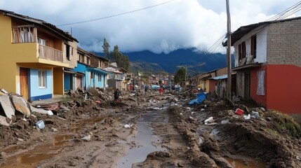 Aftermath of the Flood: A street in a residential area lies inundated with mud and debris, the aftermath of a devastating flood. The houses in the background are half-submerged.