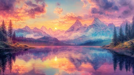 Majestic Sunset over Serene Mountain Lake