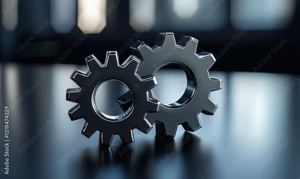 Poster two metallic gears interlocked on a dark surface, symbolizing mechanics and engineering concepts.