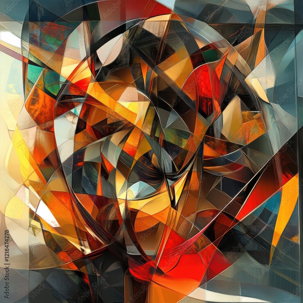 Poster abstract art piece showcasing vibrant colors and dynamic shapes in a captivating composition. genera