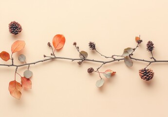 Elegant arrangement of autumn leaves and pine cones on a soft beige background, showcasing the beauty of nature's seasonal transitions with warm colors and textures.