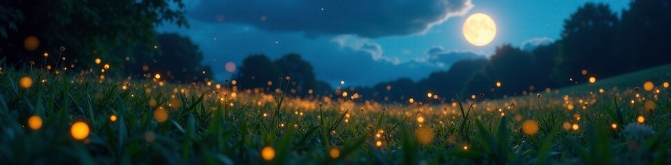 Obraz premium Glowing fireflies dance around a moonlit meadow, meadow, luminescent, natural