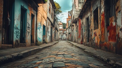 Fototapeta premium Urban Alleyway Mystery: A narrow, cobblestone alleyway winds between aged buildings adorned with vibrant graffiti art, creating a captivating urban landscape.