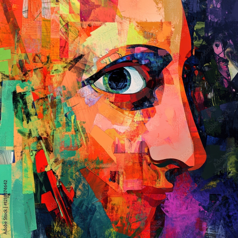 Poster colorful abstract portrait highlighting vibrant textures and unique facial features with artistic br