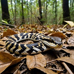 Fototapeta premium Serene Rainforest Setting with Bothriechis Marchi Coiled on a Branch Amidst Vibrant Flowers