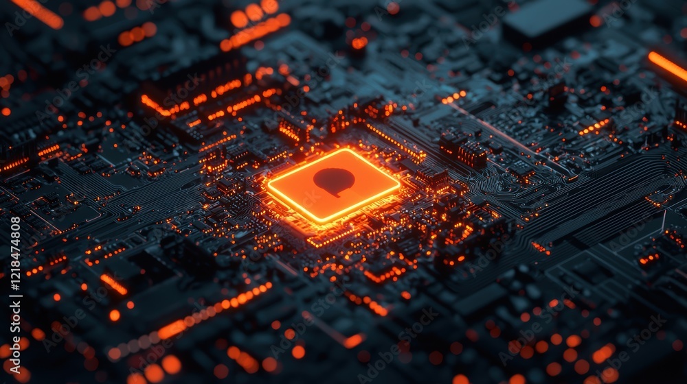 Poster glowing microchip on circuit board an abstract futuristic technology concept