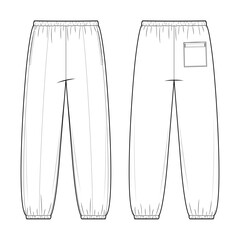 Jogger Pants Technical Fashion Illustration. Sweatpants with Garterized Waistband and ankles Vector Template. Tapered Silhouette. Unisex Activewear. CAD Mockup Set. © aiven studio