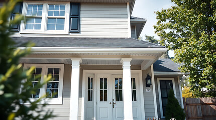 Obraz premium Modern House Exterior: Gray Siding, White Columns, and a Sleek Design