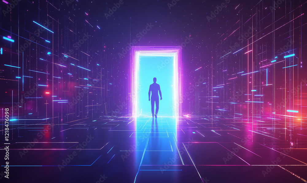 Poster exploring digital transformation through a virtual portal futuristic environment digital art abstrac