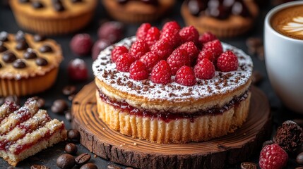 Raspberry cake, coffee, pastries, dark background, dessert menu