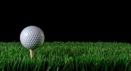 Obraz premium Golf Ball on Tee in Lush Green Grass Against Black Background