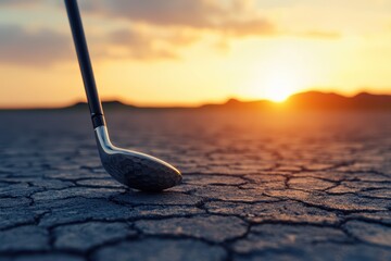 Golf Club on Dry Cracked Desert Ground at Sunset