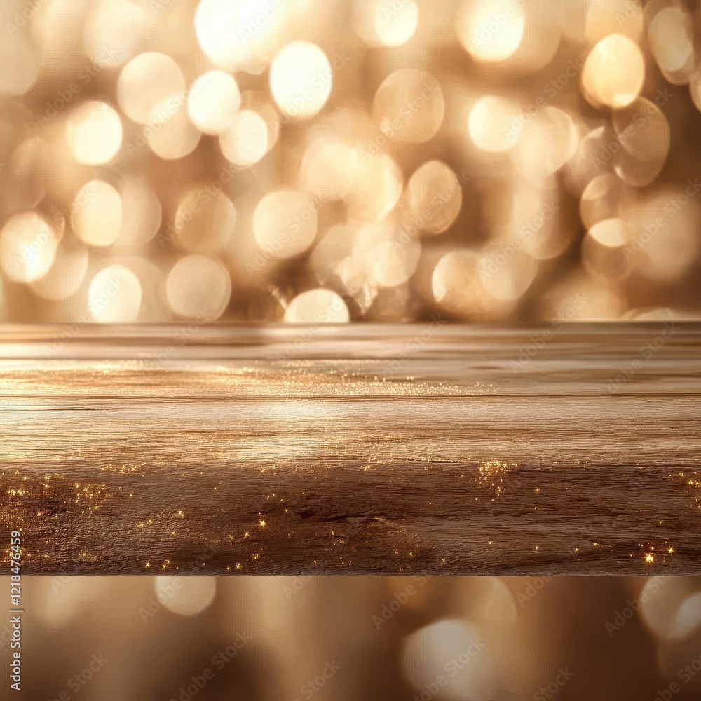 Poster elegant golden bokeh background with smooth wooden table surface ready for product display, inviting